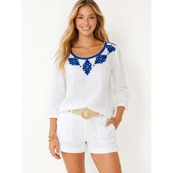 Lilly Pulitzer Tops - Lilly Pulitzer Elyn Beaded Linen Top White Embroidered Size 12 Resort Vacation‎
